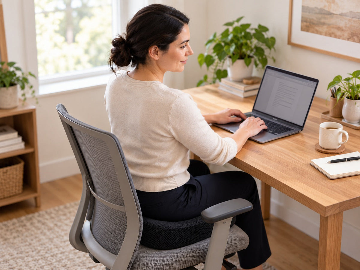 Mujer sentada sobre el cojín WOVEN SEAT ALIGN en su escritorio