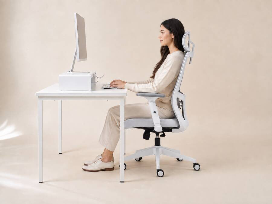 Mujer trabajando sentada en la silla ergonómica WOVEN ZENITH, con elevador de monitor sobre el escritorio